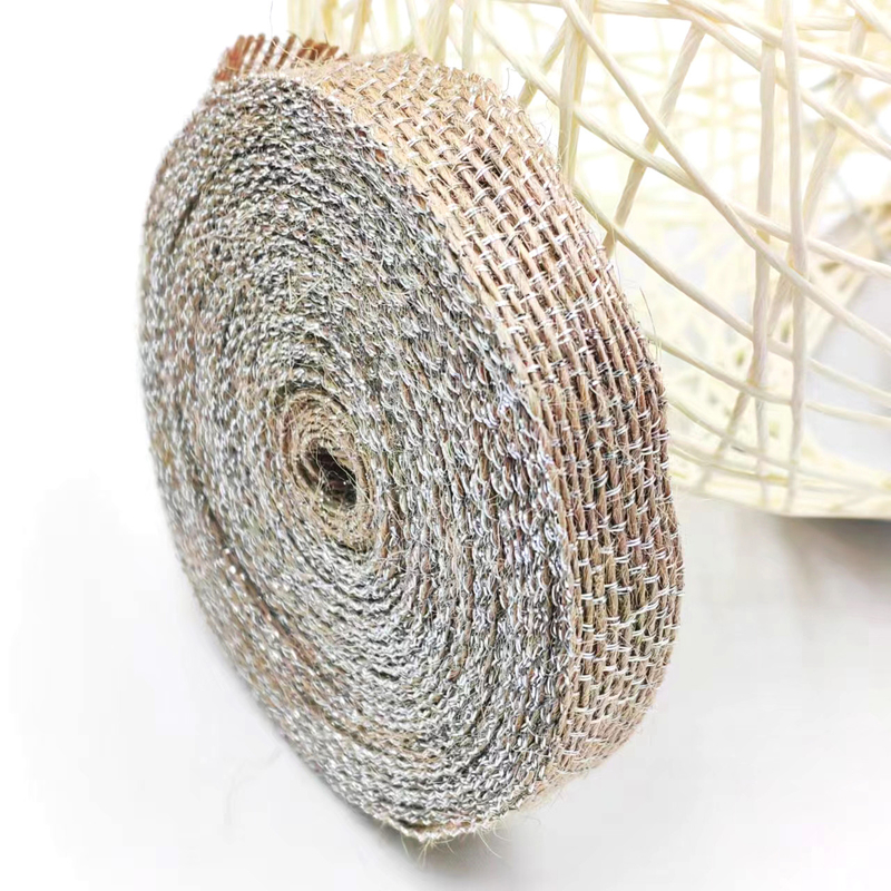 DIY Decoration Jute Fabric Ribbon with Silver Fishing Line 85% Jute 15% Polyester
