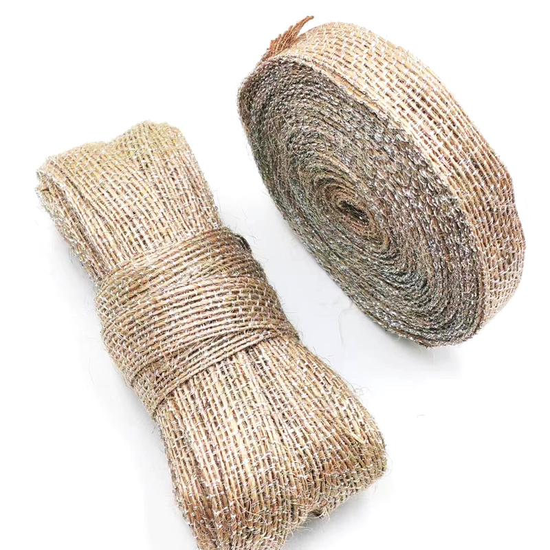 DIY Decoration Jute Fabric Ribbon with Silver Fishing Line 85% Jute 15% Polyester
