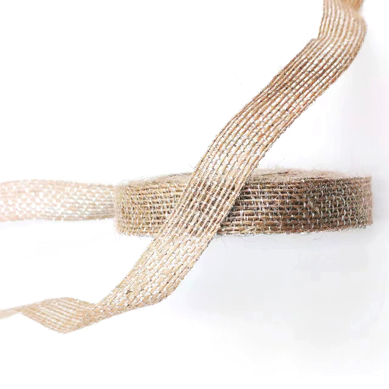 DIY Decoration Jute Fabric Ribbon with Silver Fishing Line 85% Jute 15% Polyester